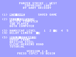 Panzer Strike title screen for Commodore 64
